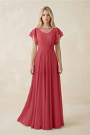 Cap Sleeve Ruffled A - Line Chiffon Bridesmaid Dress in Merlot - KissProm Bridesmaid Dresses