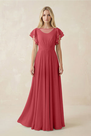 Cap Sleeve Ruffled A - Line Chiffon Bridesmaid Dress in Merlot - KissProm Bridesmaid Dresses