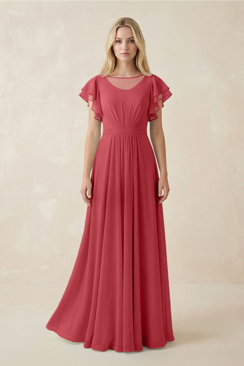 Cap Sleeve Ruffled A - Line Chiffon Bridesmaid Dress in Merlot - KissProm Bridesmaid Dresses