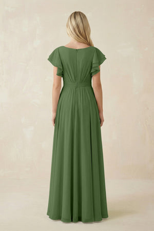 Cap Sleeve Ruffled A - Line Chiffon Bridesmaid Dress in Moss - KissProm Bridesmaid Dresses