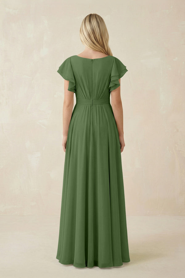 Cap Sleeve Ruffled A - Line Chiffon Bridesmaid Dress in Moss - KissProm Bridesmaid Dresses