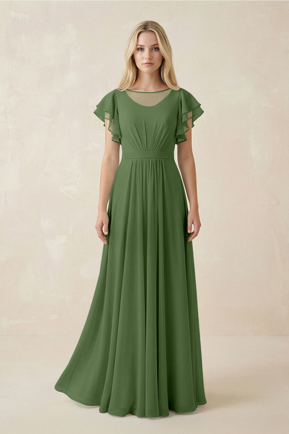 Cap Sleeve Ruffled A - Line Chiffon Bridesmaid Dress in Moss - KissProm Bridesmaid Dresses