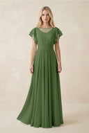 Cap Sleeve Ruffled A - Line Chiffon Bridesmaid Dress in Moss - KissProm Bridesmaid Dresses