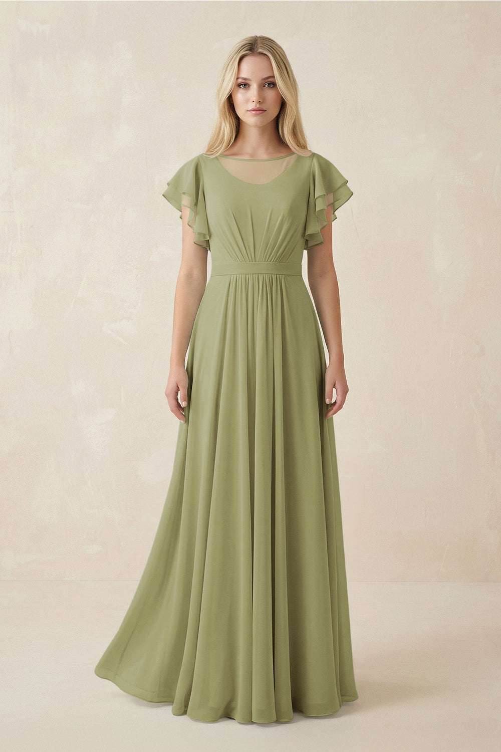 Cap Sleeve Ruffled A - Line Chiffon Bridesmaid Dress in Moss Green - KissProm Bridesmaid Dresses