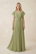Cap Sleeve Ruffled A - Line Chiffon Bridesmaid Dress in Moss Green - KissProm Bridesmaid Dresses