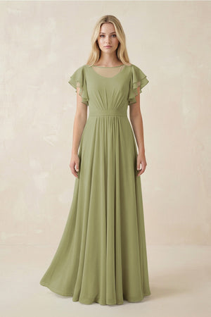 Cap Sleeve Ruffled A - Line Chiffon Bridesmaid Dress in Moss Green - KissProm Bridesmaid Dresses
