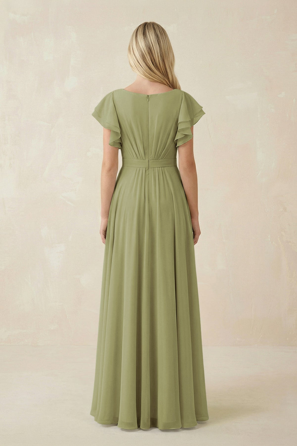 Cap Sleeve Ruffled A - Line Chiffon Bridesmaid Dress in Moss Green - KissProm Bridesmaid Dresses