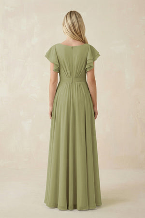 Cap Sleeve Ruffled A - Line Chiffon Bridesmaid Dress in Moss Green - KissProm Bridesmaid Dresses