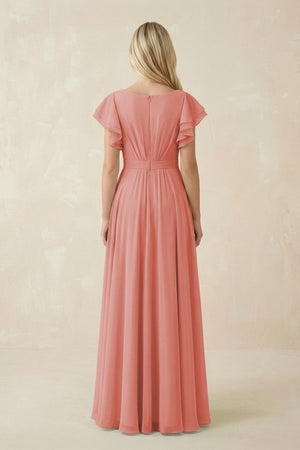 Cap Sleeve Ruffled A - Line Chiffon Bridesmaid Dress in Mulberry - KissProm Bridesmaid Dresses