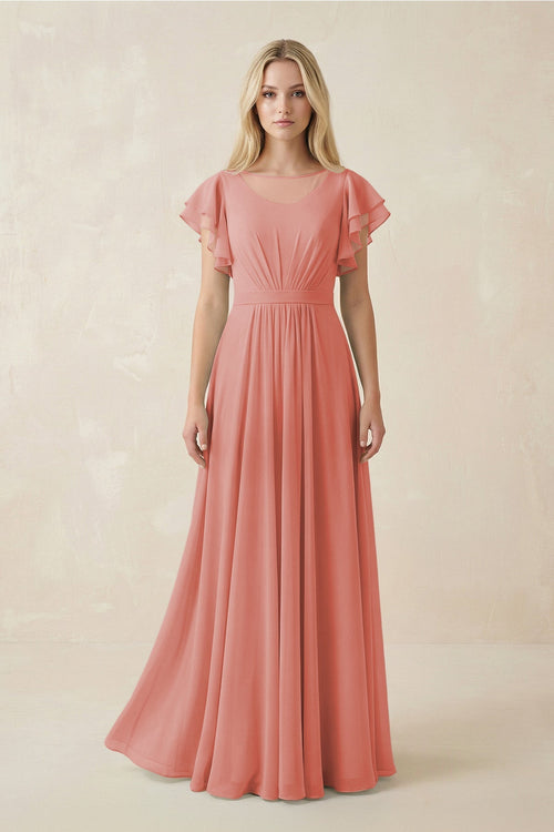 KissProm Cap Sleeve Ruffled A-Line Chiffon Bridesmaid Dress in Mulberry, Mulberry / 14