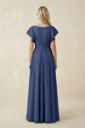 Cap Sleeve Ruffled A - Line Chiffon Bridesmaid Dress in Navy - KissProm Bridesmaid Dresses