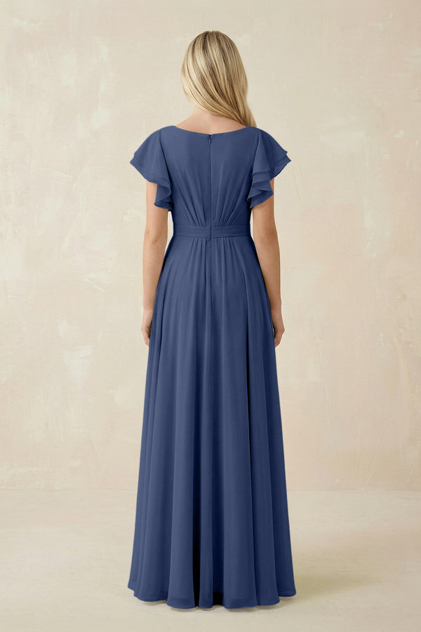 Cap Sleeve Ruffled A - Line Chiffon Bridesmaid Dress in Navy - KissProm Bridesmaid Dresses