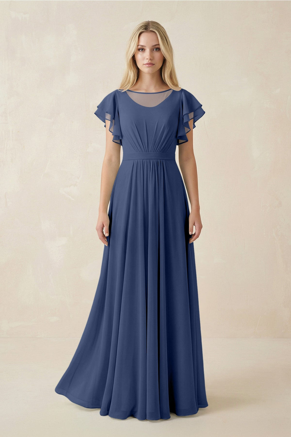 Cap Sleeve Ruffled A - Line Chiffon Bridesmaid Dress in Navy - KissProm Bridesmaid Dresses