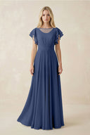 Cap Sleeve Ruffled A - Line Chiffon Bridesmaid Dress in Navy - KissProm Bridesmaid Dresses