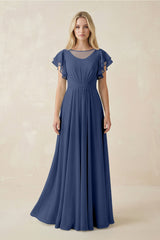 Cap Sleeve Ruffled A - Line Chiffon Bridesmaid Dress in Navy - KissProm Bridesmaid Dresses
