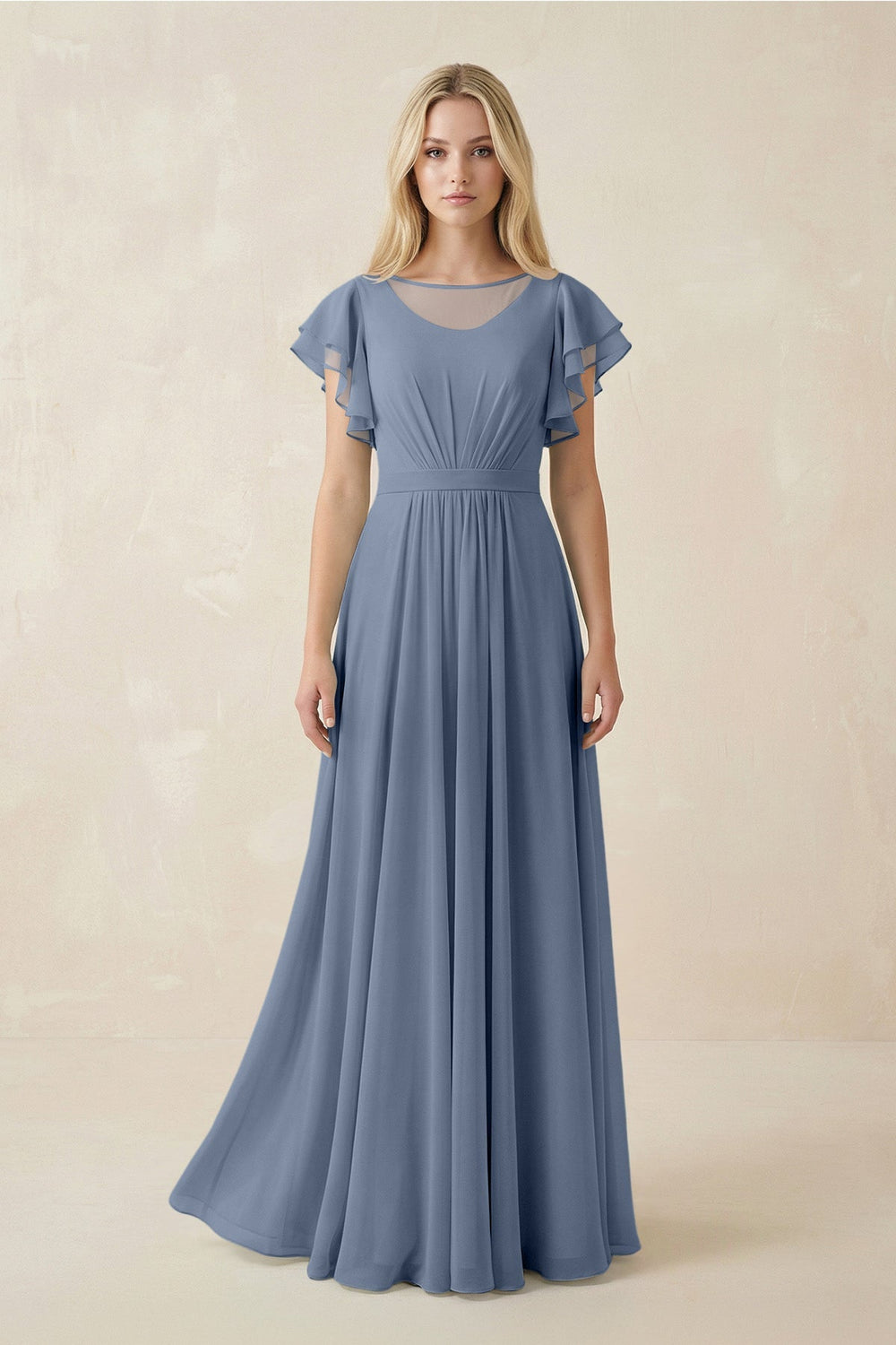 Cap Sleeve Ruffled A - Line Chiffon Bridesmaid Dress in Neptune - KissProm Bridesmaid Dresses