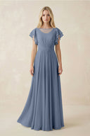 Cap Sleeve Ruffled A - Line Chiffon Bridesmaid Dress in Neptune - KissProm Bridesmaid Dresses