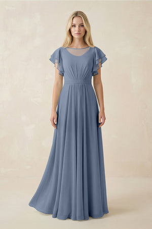 Cap Sleeve Ruffled A - Line Chiffon Bridesmaid Dress in Neptune - KissProm Bridesmaid Dresses