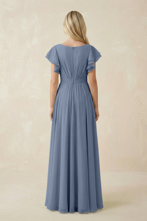 Cap Sleeve Ruffled A - Line Chiffon Bridesmaid Dress in Neptune - KissProm Bridesmaid Dresses