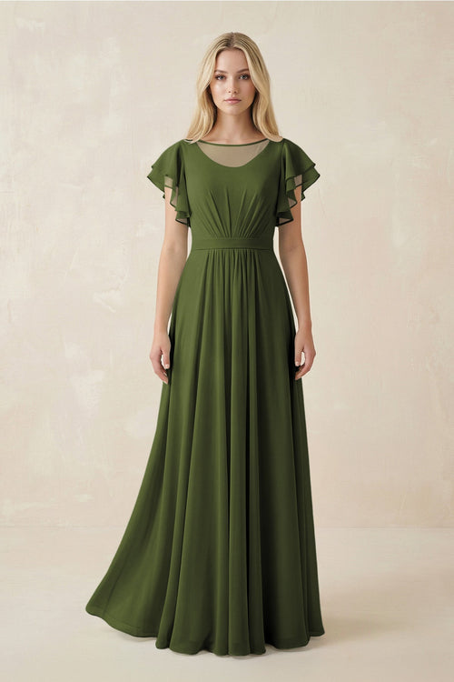 KissProm Cap Sleeve Ruffled A-Line Chiffon Bridesmaid Dress in Olive, Olive / 26