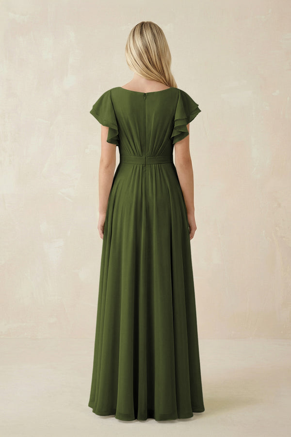 KissProm Cap Sleeve Ruffled A-Line Chiffon Bridesmaid Dress in Olive, Olive / 26