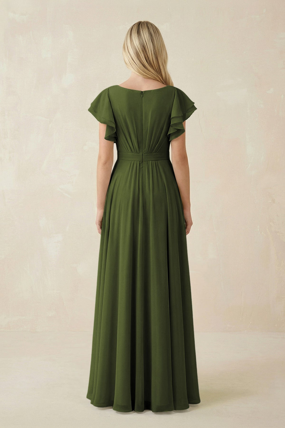 Cap Sleeve Ruffled A - Line Chiffon Bridesmaid Dress in Olive - KissProm Bridesmaid Dresses