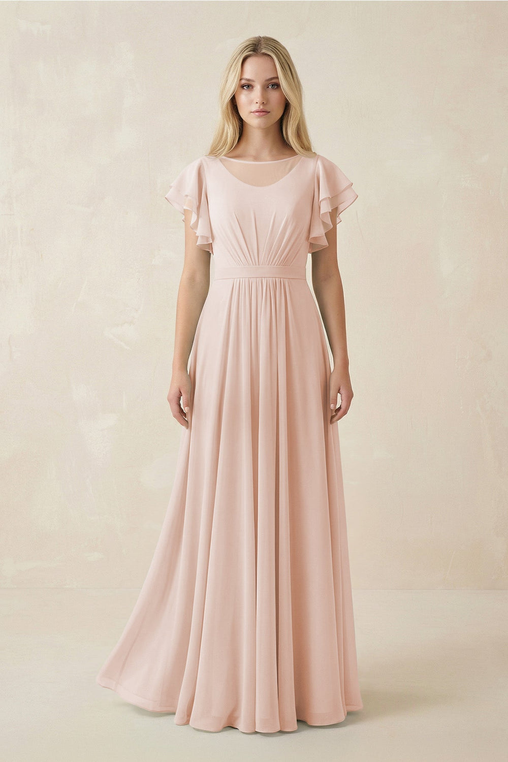 Cap Sleeve Ruffled A - Line Chiffon Bridesmaid Dress in Pale Blush - KissProm Bridesmaid Dresses