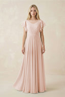 Cap Sleeve Ruffled A - Line Chiffon Bridesmaid Dress in Pale Blush - KissProm Bridesmaid Dresses