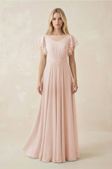 Cap Sleeve Ruffled A - Line Chiffon Bridesmaid Dress in Pale Blush - KissProm Bridesmaid Dresses
