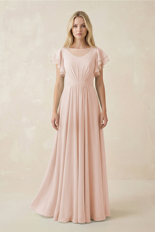 Cap Sleeve Ruffled A - Line Chiffon Bridesmaid Dress in Pale Blush - KissProm Bridesmaid Dresses