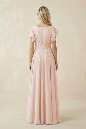 Cap Sleeve Ruffled A - Line Chiffon Bridesmaid Dress in Pale Blush - KissProm Bridesmaid Dresses