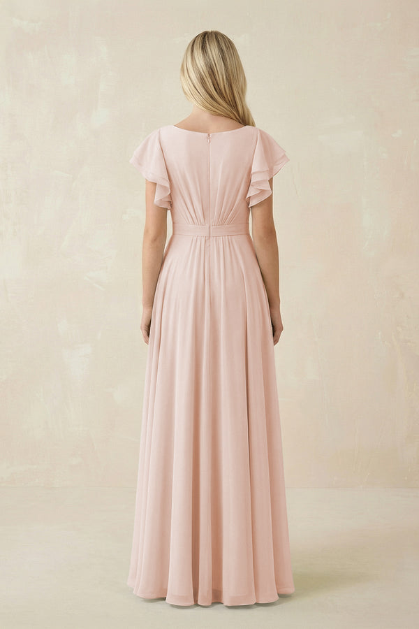 Cap Sleeve Ruffled A - Line Chiffon Bridesmaid Dress in Pale Blush - KissProm Bridesmaid Dresses
