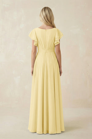 Cap Sleeve Ruffled A - Line Chiffon Bridesmaid Dress in Pastel Yellow - KissProm Bridesmaid Dresses
