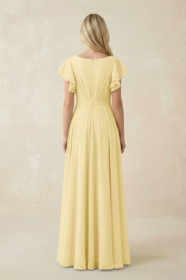 Cap Sleeve Ruffled A - Line Chiffon Bridesmaid Dress in Pastel Yellow - KissProm Bridesmaid Dresses