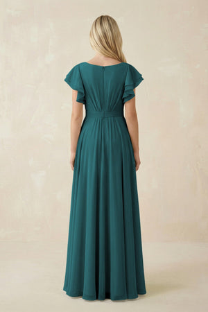 Cap Sleeve Ruffled A - Line Chiffon Bridesmaid Dress in Pine - KissProm Bridesmaid Dresses