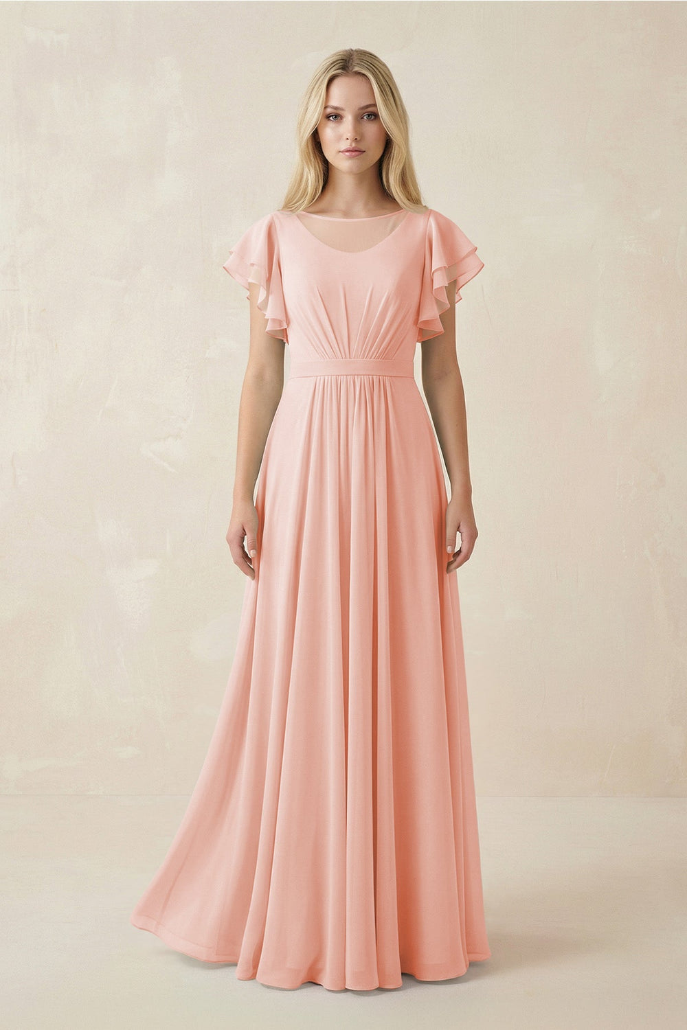 Cap Sleeve Ruffled A - Line Chiffon Bridesmaid Dress in Rose Petal - KissProm Bridesmaid Dresses