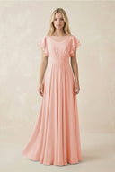 Cap Sleeve Ruffled A - Line Chiffon Bridesmaid Dress in Rose Petal - KissProm Bridesmaid Dresses