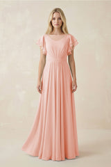 Cap Sleeve Ruffled A - Line Chiffon Bridesmaid Dress in Rose Petal - KissProm Bridesmaid Dresses