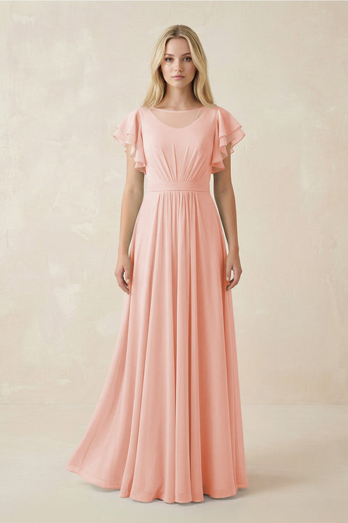 Cap Sleeve Ruffled A - Line Chiffon Bridesmaid Dress in Rose Petal - KissProm Bridesmaid Dresses