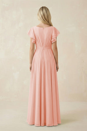 Cap Sleeve Ruffled A - Line Chiffon Bridesmaid Dress in Rose Petal - KissProm Bridesmaid Dresses