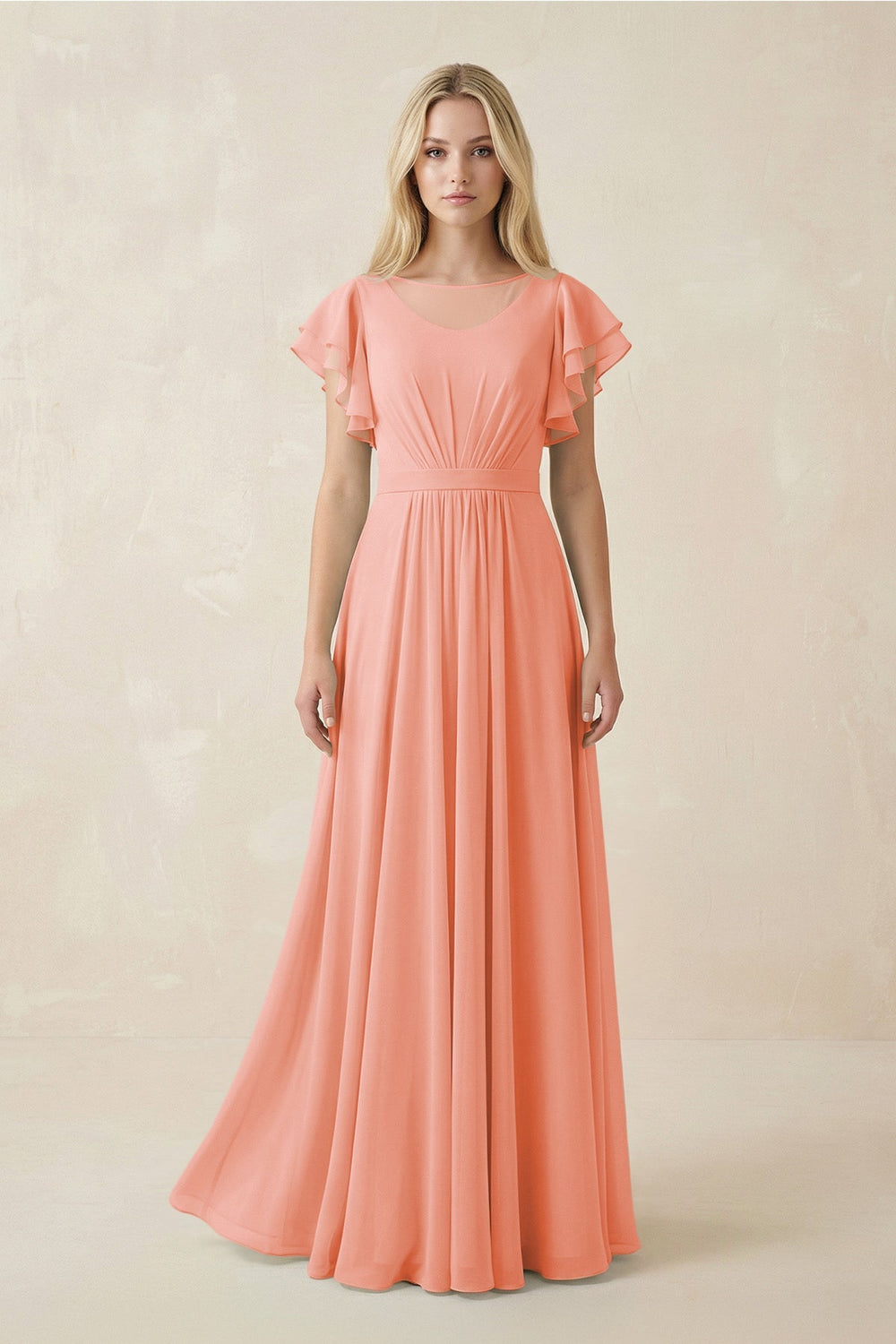 Cap Sleeve Ruffled A - Line Chiffon Bridesmaid Dress in Rosette - KissProm Bridesmaid Dresses