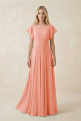 Cap Sleeve Ruffled A - Line Chiffon Bridesmaid Dress in Rosette - KissProm Bridesmaid Dresses