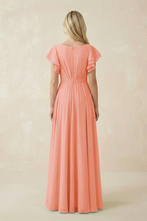 Cap Sleeve Ruffled A - Line Chiffon Bridesmaid Dress in Rosette - KissProm Bridesmaid Dresses