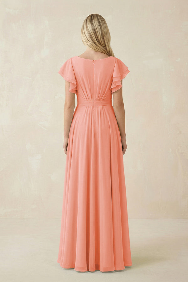 Cap Sleeve Ruffled A - Line Chiffon Bridesmaid Dress in Rosette - KissProm Bridesmaid Dresses