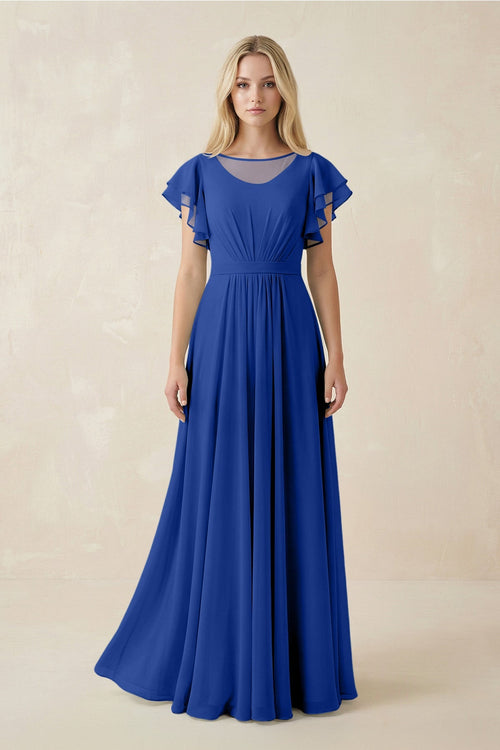 Cap Sleeve Ruffled A - Line Chiffon Bridesmaid Dress in Royal Blue - KissProm Bridesmaid Dresses