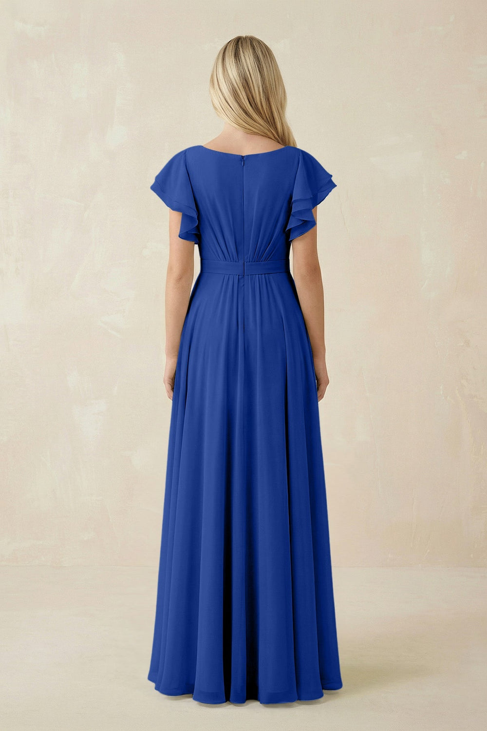 Cap Sleeve Ruffled A - Line Chiffon Bridesmaid Dress in Royal Blue - KissProm Bridesmaid Dresses