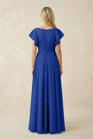 Cap Sleeve Ruffled A - Line Chiffon Bridesmaid Dress in Royal Blue - KissProm Bridesmaid Dresses