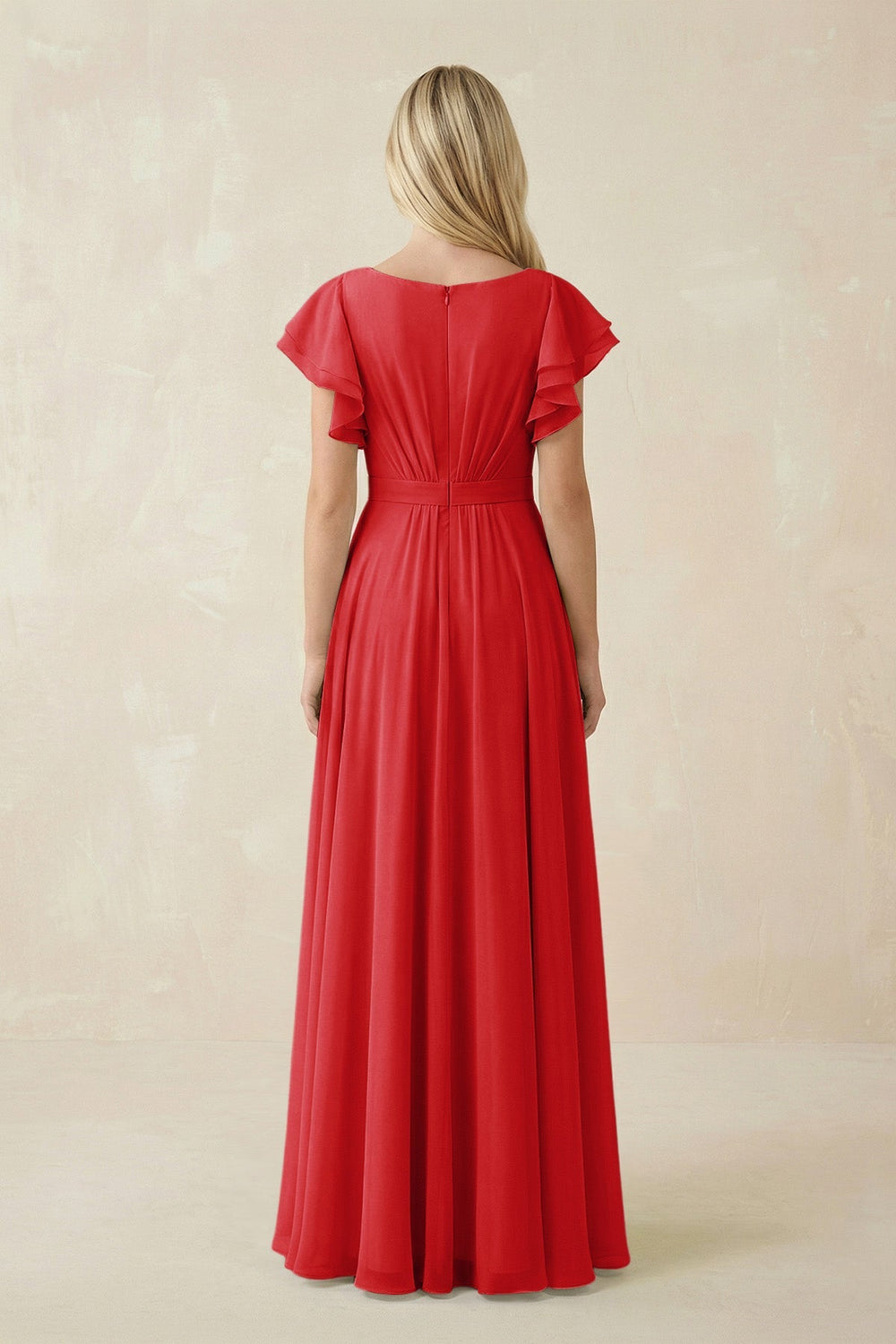 Cap Sleeve Ruffled A - Line Chiffon Bridesmaid Dress in Ruby Red - KissProm Bridesmaid Dresses
