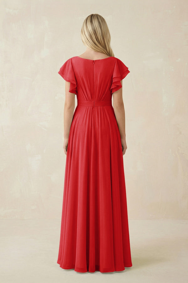 Cap Sleeve Ruffled A - Line Chiffon Bridesmaid Dress in Ruby Red - KissProm Bridesmaid Dresses