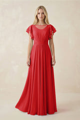 Cap Sleeve Ruffled A - Line Chiffon Bridesmaid Dress in Ruby Red - KissProm Bridesmaid Dresses
